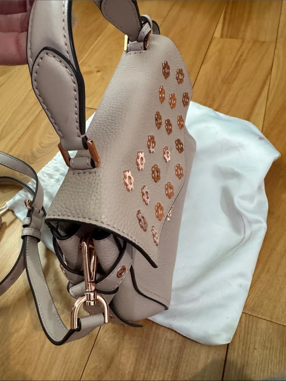 Michael Kors Cream Leather Top-Handle Satchel with Rose Gold Floral Studs